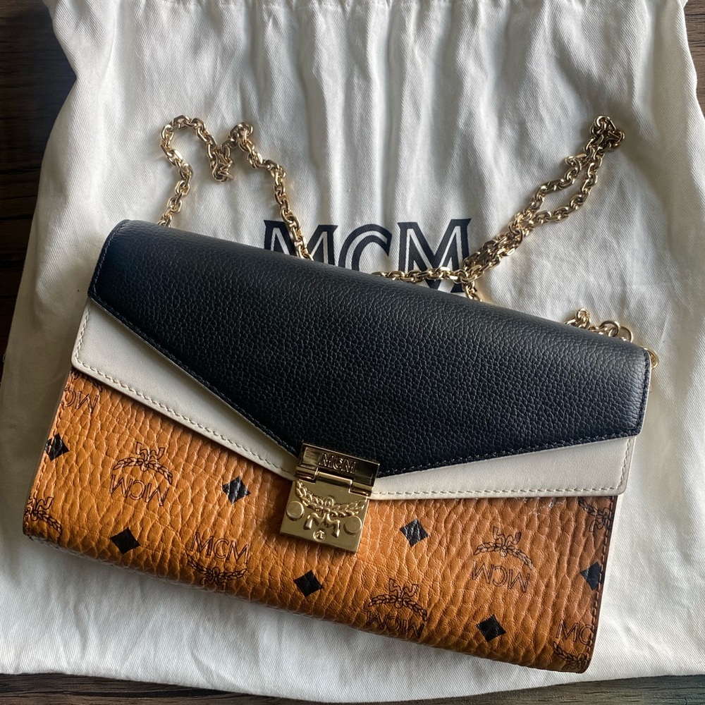 MCM Clutch/ Crossbody Bag in Brown, White and Black